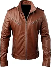 [Sumairah] Mens Blazer Tan Stand Collar Punk Motorcycle Biker Racer Zipper Genuine Leather Jackets