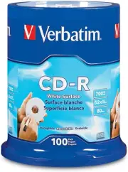 Verbatim CD-R 700MB 80 Minute 52x Recordable Disc w Blank White Surface 100 Pack
