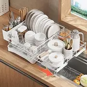 Dish Drying Rack with Drainboard - Expandable 2-in-1 Dish Drainer with Swivel Drainage Spout, Rust-Resistant Dish Rack with Pan Slots and Cutlery Holder for Kitchen Counter and Sink, (White)