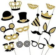 FUNCYboo Birthday Photo Booth Props, 16 Pcs Party Photobooth Props Black Gold Birthday Selfie Props Moustache Glasses Hats Crowns Picture Props for Masquerade Wedding Engagement Birthday Decorations