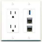 3 Port Power Outlet Cover Plug Jack UL 2 Gang 2 CAT7 USB-3 Wall Plate