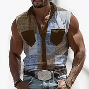 Men's Color Block Patchwork Shirt Western Shirt Cowboy Shirt Sleeveless Western Style Outdoor Work Causal Summer Spring Turndown 3D Print Front Two Pockets But