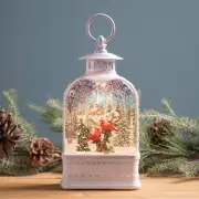LED Lantern Cardinals Snow Globe 6 Hr Timer USB Cord incl Holiday Gift 10" H
