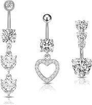 [Ormromra] 3PCS Belly Button Bars, Belly Bar for Women, Stainless Steel Belly Button Ring, 14G Silver Navel Bars, Hypoallergenic Navel Bars Rings, Heart Dangle Belly Button Piercing, 1.6mm, stainless