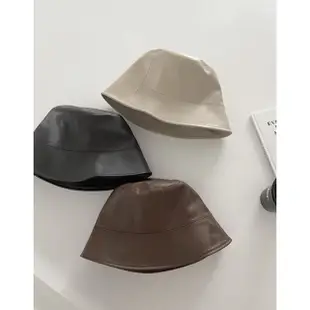 韓國設計純色個性皮革漁夫帽