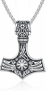 [UMtrade] Men Stainless Steel Thor Hammer Necklace Viking Mjolnir Runes Compass Amulet Jewelry