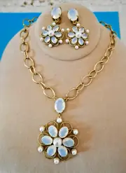 Heidi Daus Fiore D'Amore SET Crystal Pendant Necklace Clip Earrings White Opal
