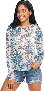 [ODAWA] Royal Blue Floral Long Sleeve Sheer Blouse Sheer Mesh Tshirts Workout Tops Hoodies