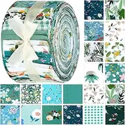 [Kingdder] 70 Pcs Floral Cotton Fabric Patchwork Roll - 2.55 x 39.4 Inch Quilting Fabric Roll, Precut Patchwork Strips for Craft Sewing DIY Crafts (Green Flower)