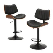 Oikiture 2x Bar Stools Gas Lift Leather Wooden Black
