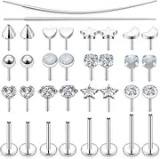 [Leiainely] 20/18/16G Threadless Nose Rings Flat Back Stud Earrings Piercing Jewelry for Women Men 6/7/8mm Push In Bar Cartilage Tragus Lip Medusa Monroe Labret Stud Hypoallergenic Surgical Steel