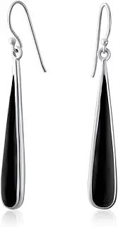 [Bling Jewelry] Simplistic Boho Fashion Gemstone Inlay Long Flat Teardrop Shaped Dangle Earrings Western Style For Women Teens .925 Sterling Silver Fish Hook Wire Threader