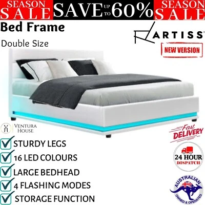 Artiss Lumi LED Bed Frame PU Leather Gas Lift Storage Double Size Bed Base White