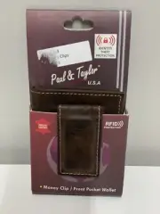 NEW PAUL & TAYLOR WALLET MEN'S BROWN LEATHER BIFOLD FRONT POCKET MONEY CLIP RFID
