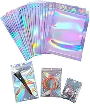 100 Pcs Holographic Mylar Bags, Smell Proof Bags with Clear Window, Resealable Bags for Small Business, Gift, Snack, Jewelry, Sample, Sealable Bags for Packaging, Valentines