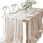White Pearl Table Runner Tulle Fabric Tablecloth Beaded Pearl Table Cover Mesh Sheer Table Cloth for Bridal Shower Birthday Party Wedding Arch Veil Dessert Table Decorations (White, One Size)