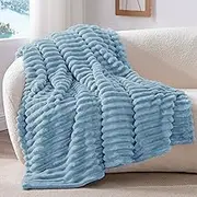 BEDELITE Fleece Throw Blanket for Couch, 300GSM Soft & Warm Fluffy Twin Blanket, Decorative and Giftable Striped Light Blue Blankets for Women, Men, 60"x80"