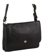 [PIERRE CARDIN] Leather Flap-Over Crossbody Bag in Black