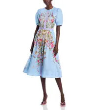 Teri Jon by Rickie Freeman Silk Linen Floral Puff Sleeve Dress 14