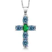 Sterling Silver Blue White Cz and Nano Emerald Cross Pendant Spiritual Jewelry