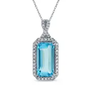 Emerald-Cut Swiss Blue Topaz and 0.17 CT. T.W. Natural Diamond Octagonal Frame Twist Pendant in 10K White Gold