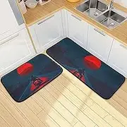 XYMZR Kitchen Mat Motor Moon Red for Floor, 2 Piece, Non Slip Washable Kitchen Rugs for Kitchen & Home Decor, Sink, Bathroom 19.7” x 27.6” + 19.7” + 47.2”
