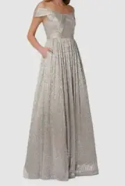 $550 Aidan Mattox Womens Silver Metallic Off-The Shoulder Dress Size 6