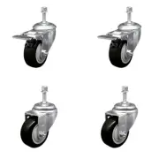 3.5 Inch SS Black Poly 3/8 Inch Threaded Stem Caster Set 2 Total Lock Brake SCC
