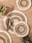Set of 6 Woven Boho Placemats for Dining Natural Straw Braided Tassel Table Mats