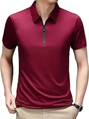 [VgueElegc] Men's Lapel Collar Stylish Tops Short Sleeve Pullover Collared Cotton Shirt Color Block Golf Shirts for Men, Red, Medium