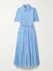 [Gucci] Gucci - Belted Pleated Cotton Oxford-jacquard Midi Dress - Light blue - IT40 IT 40 Blue