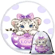 Cute Design Purple Love Cup White Tiger Round Beach Towel