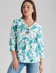 Rockmans 3/4 Sleeve Curved Hem Linen Button Top - Size 18 - Womens - GREEN PAISLEY ONL