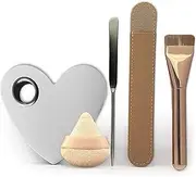 Makeup Brush Set - Flat Foundation Brush, Blender Sponge, Face Spatula, Puff & Heart-Shaped Mixing Palette with Leather Case – Complete Face Makeup Tool Kit for Blending, Foundation & Application