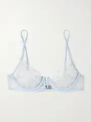 [Kiki de Montparnasse] Kiki de Montparnasse - Mathilde Silk-blend Satin-trimmed Embroidered Tulle Underwired Bra - Light blue - 34C 34 C Blue