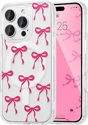 UEEBAI Magnetic for iPhone 14 Pro Case, Bow Case Compatible with MagSafe, Wireless Slim Clear Ribbon Aesthetic Phone Case Anti-Yellowing Shockproof Protective Cover for Women Girl - Rosy