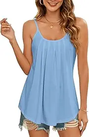 [SENBATU] Tank Top Women's Spaghetti Straps Sleeveless Summer Tops Women's Pleated Crew Neck Blouse S-2XL 34-52, Sky Blue, S