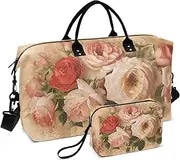 [ZRYSMY] Roses Leaves Vintage Duffel Bag for Traveling, Travel Bag Gym Bag, with Multiple Interior Pockets Shoulder Weekender Bag for Women Men with Toiletry Bag 20.5L x 1.9W x 13.8H, Multi-Colored, one