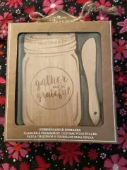 Kate Aspen New in Box Cheeseboard & Spreader Wood 5 1/2 " Gather & Be Grateful