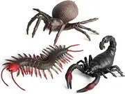 RCOMG 3PCS Rubber Insect Animal, TPR Super Stretchy Bug Figures Bath Pool Toy with Spider Scorpion Centipede, Party Supplies Squishy Wildlife Model Figurine for Collection Gift, Decoration,Cake Topper
