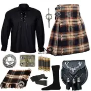 Scottish Men's 10 Pieces Stag head Sporran Kilt Outfit Wedding Kilt Set