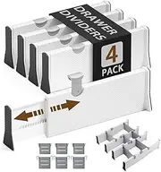 FORYUSE 4 Pack Drawer Dividers Expandable 27-44cm with 6 Inserts Set Adjustable Separators Organiser for Closet Clothes Kitchen Utensils Office