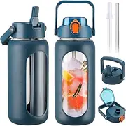 BLUEGO 2000 ml Glass Bottle with 2 Lids, Hinged Lid and Pouring Lid, Water Bottle with Straw, 2L Large Water Bottle with Time Markings for Home, Office, Leak-Proof, Dark Blue