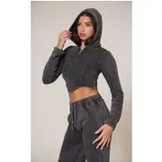 Charcoal Washed Seam Detail Zip Up Corset Hoodie, Charcoal