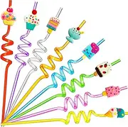 24-Pack Ice Cream Theme Reusable Straws, 8 Colours & 8 Fun Designs, Ice Cream Party Favors Straws Decorations Drinking Straws for Birthdays, BBQs, Kids Events