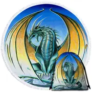 Fantasy Drawings Aerie Green Yellow Dragon Round Beach Towel