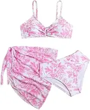 [COOLOYA] Girl's 3 Piece Set Floral Print Bikini Bathing Swimsuit with Wrap Cover Ups, Pink, 15 Years