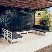 Generic 9 Piece Garden Lounge Set with Cushions White Solid Pinewood,3097176