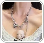 [eartif] Stainless Steel Chain Necklace for Women Punk Rebel Doll Heart Pendant Charm Necklace Chunky Cuban Chain Link Necklace Goth Jewelry for Girls