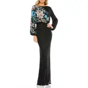 Mac Duggal Floral Embellished Long Blouson Sleeve Sequin Column Gown in Black Multi at Nordstrom, Size 14